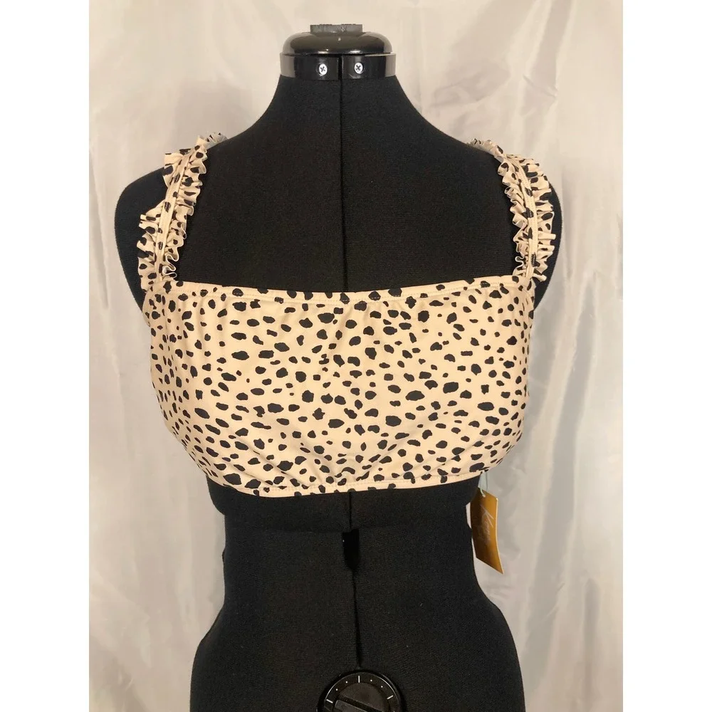 XL Kona Sol Animal Print Bikini Top Tan Black Ruffle Tie Back Wireless